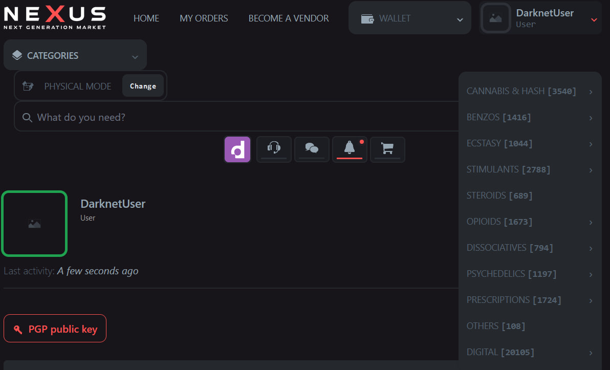 Nexus Darknet Marketplace interface showing a sleek, cyberpunk-styled dashboard with product listings, cryptocurrency balances, and security features
